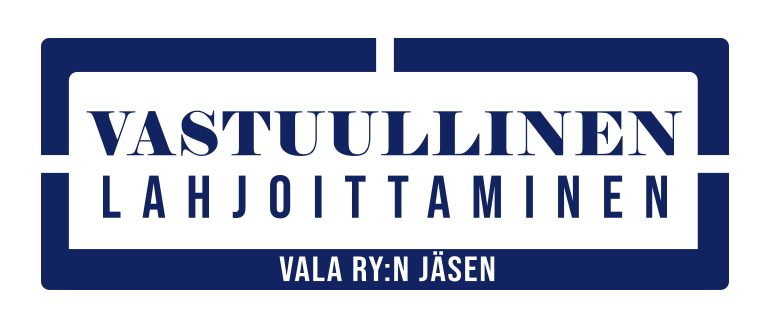 Vastuullinen Lahjoittaminen ry:n jäsentunnus. Tunnusta voivat hyödyntää VaLa ry:n jäsenjärjestöt.